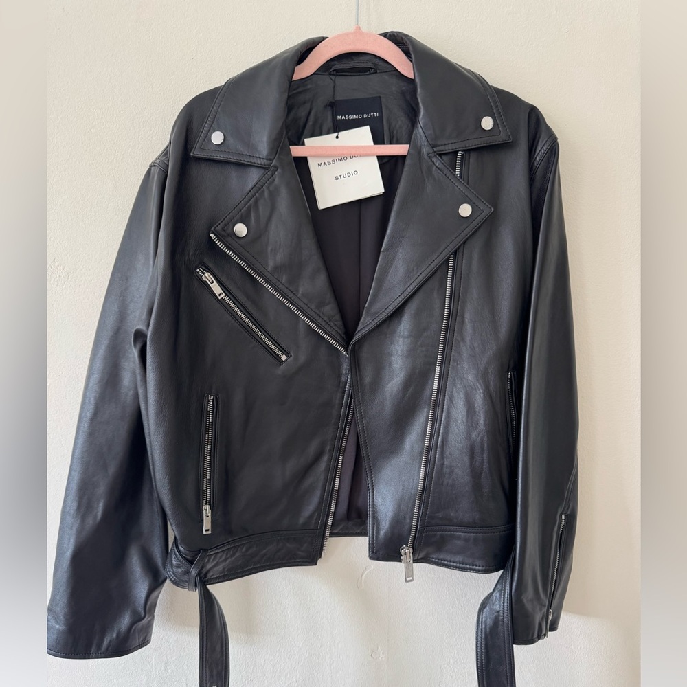 Massimo Dutti Women's Black Leather Biker Jacket